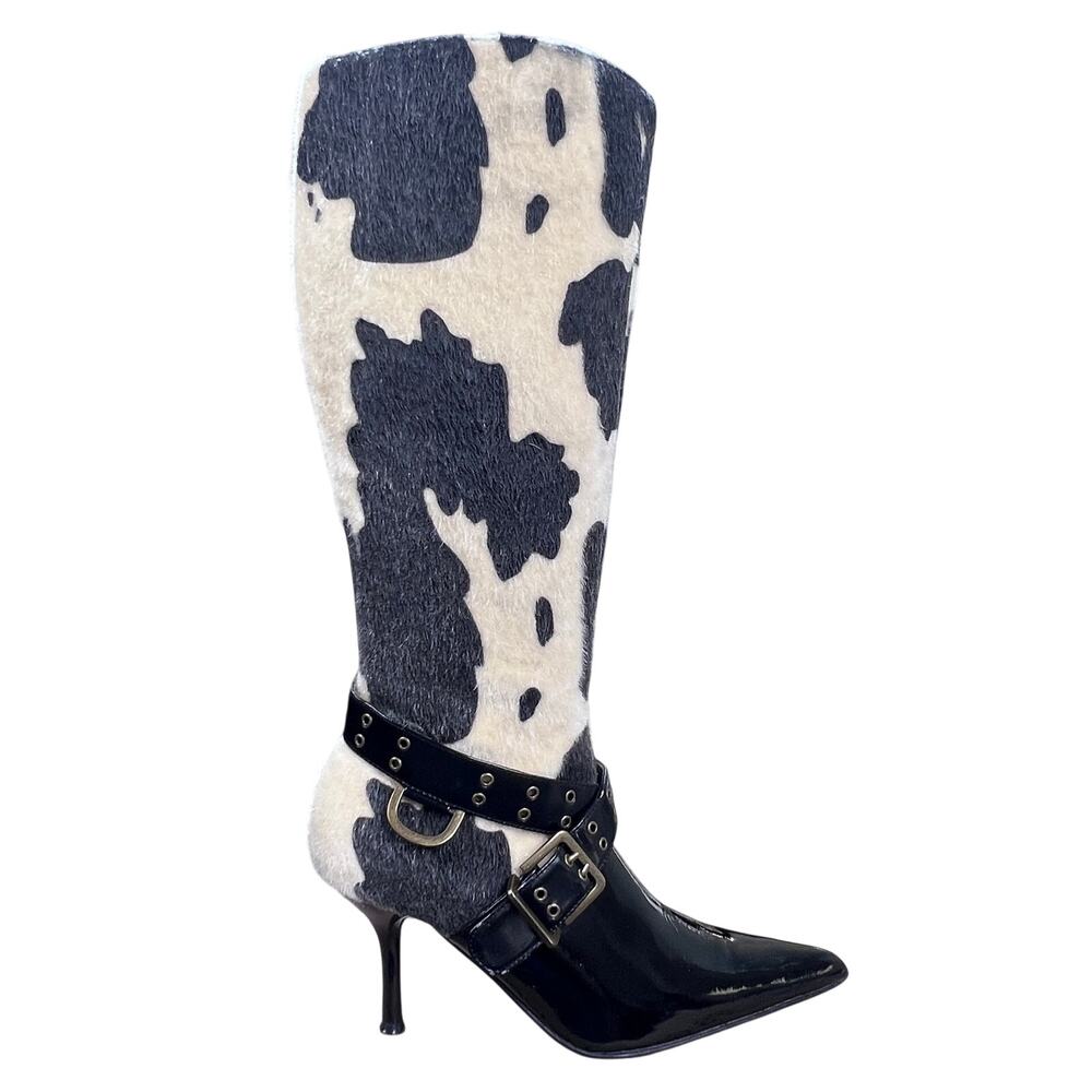 Vintage Y2K Colin Stuart Cow Print Patent Leather Buckle Stiletto Boots Size 7